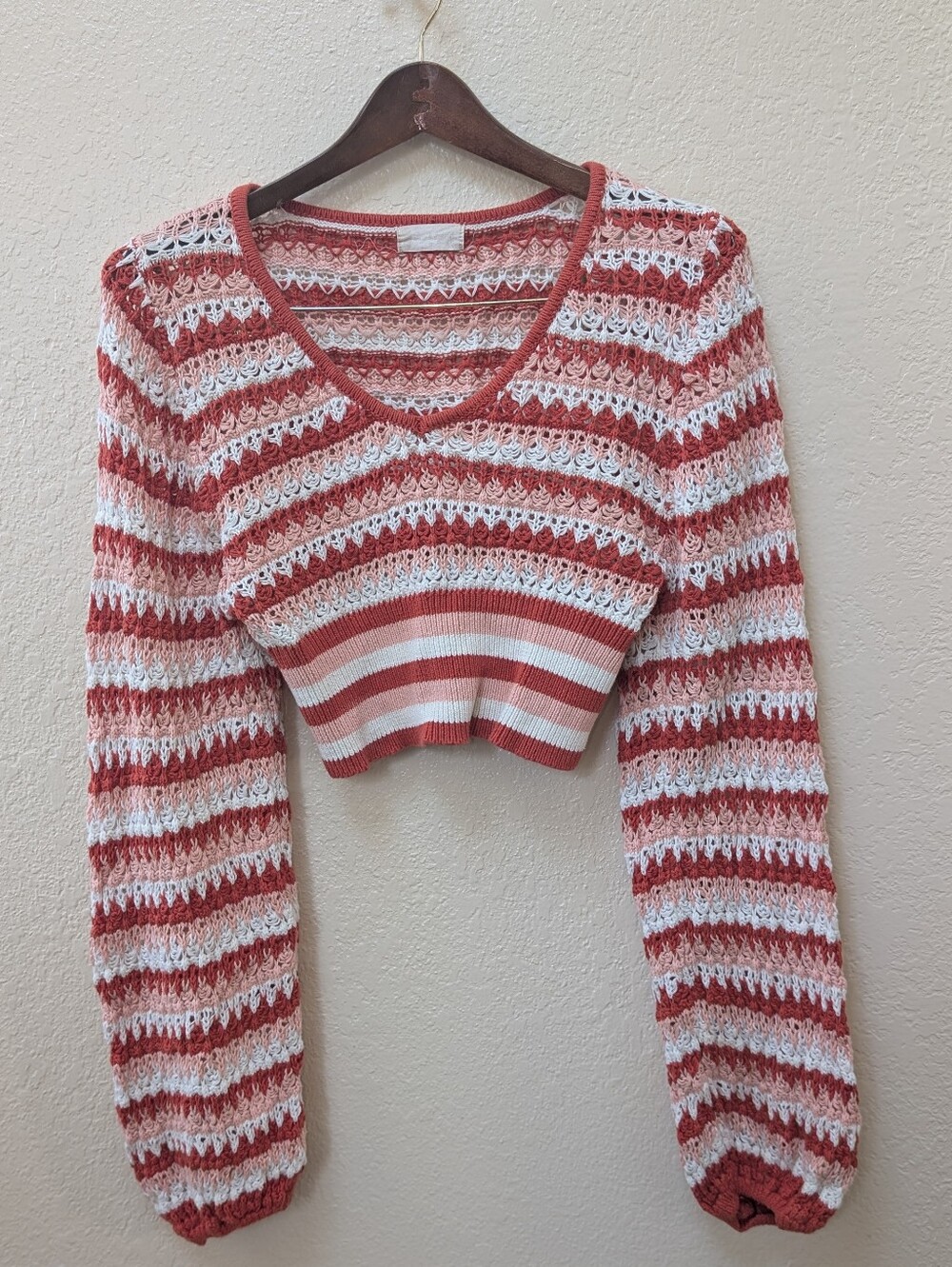 Altar'd State Cropped Striped Crochet V-neck Sweater. 100% Cotton Size Small